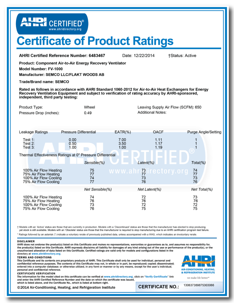 FV-1000 AHRI Certification