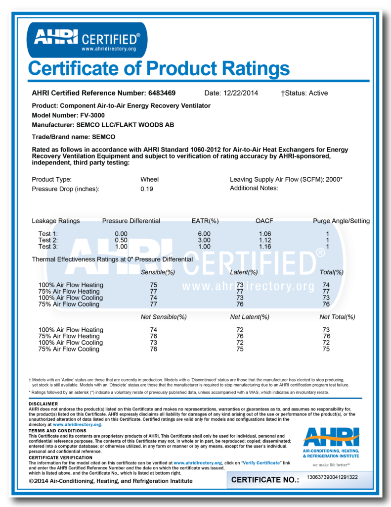 FV-3000 AHRI Certification